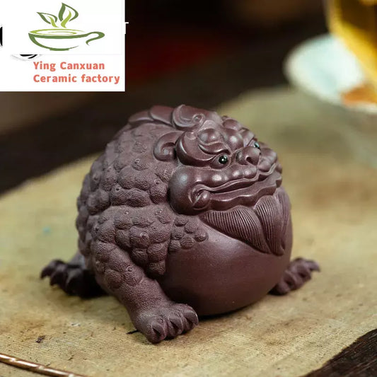 Yixing High-end Purple Clay Sculpture Tea Pet Lucky Fortune Golden Toad Statue Tea Figurine Ornaments Home Tea Set Decoration