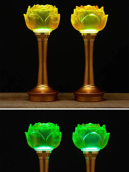 A PAIR 27CM high grade Buddhism HOME Temple shrine enshrine worship bless safety healthy good luck Lotus crystal buddha lamp