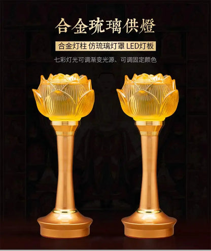 A PAIR 27CM high grade Buddhism HOME Temple shrine enshrine worship bless safety healthy good luck Lotus crystal buddha lamp