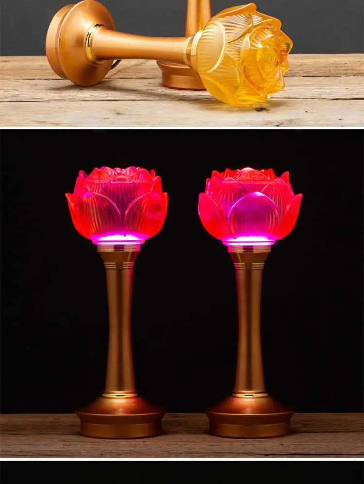A PAIR 27CM high grade Buddhism HOME Temple shrine enshrine worship bless safety healthy good luck Lotus crystal buddha lamp