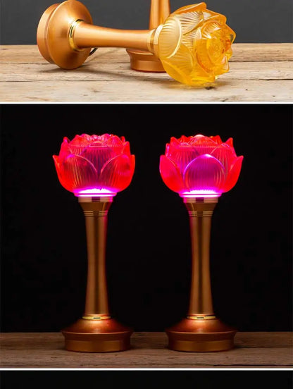 A PAIR 27CM high grade Buddhism HOME Temple shrine enshrine worship bless safety healthy good luck Lotus crystal buddha lamp