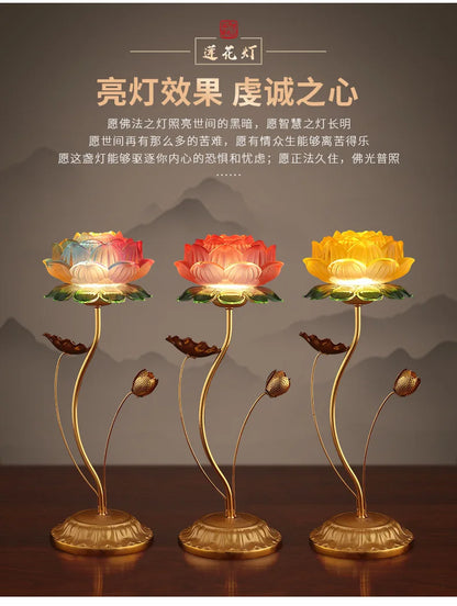 A PAIR 2PCS Buddhism high grade HOME Temple shrine enshrine worship Guanyin Buddha good luck safe lotus flower crystal lamp