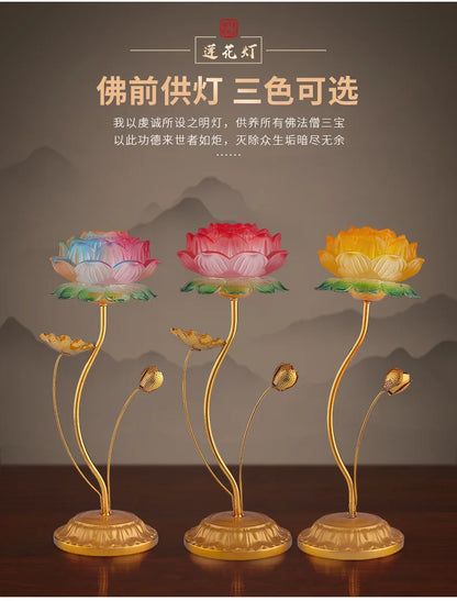 A PAIR 2PCS Buddhism high grade HOME Temple shrine enshrine worship Guanyin Buddha good luck safe lotus flower crystal lamp