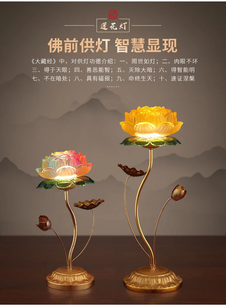 A PAIR 2PCS Buddhism high grade HOME Temple shrine enshrine worship Guanyin Buddha good luck safe lotus flower crystal lamp