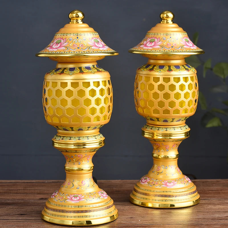 A PAIR 2pcs Buddhism high grade HOME Temple shrine enshrine worship bring wealth money good luck buddha God of wealth lamp 28cm