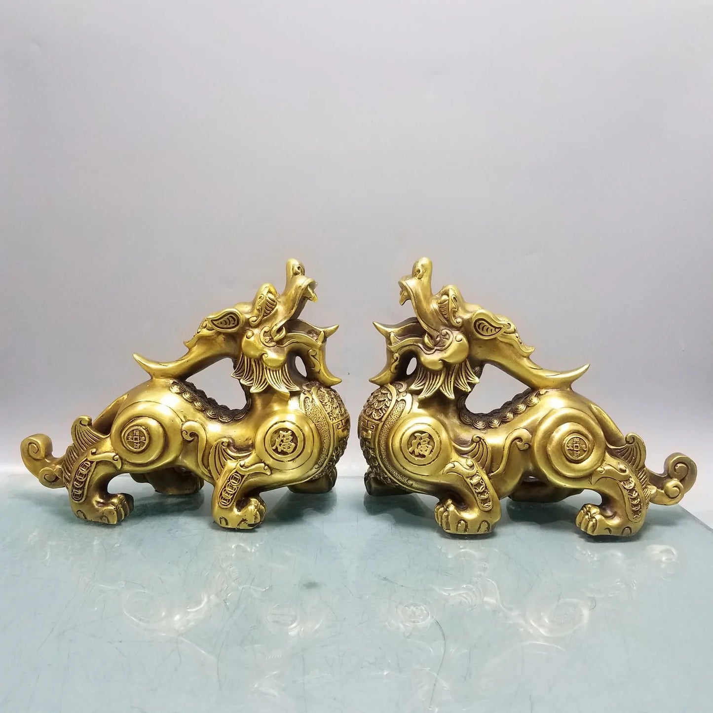 A PAIR 2pcs large Company home Porch lobby  thriving business money Good luck PI XIU dragon brass Sculpture ART Ornament