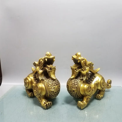 A PAIR 2pcs large Company home Porch lobby  thriving business money Good luck PI XIU dragon brass Sculpture ART Ornament