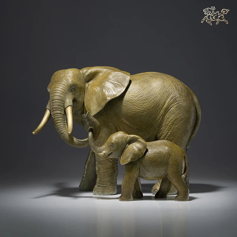 A PAIR Limited Edition TOP Original lucky Mother child elephant bronze Sculpture home office business animal art Ornament
