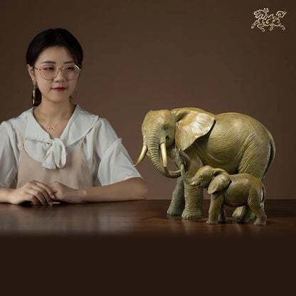 A PAIR Limited Edition TOP Original lucky Mother child elephant bronze Sculpture home office business animal art Ornament