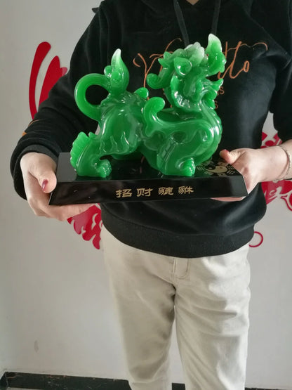 A PAIR - TOP COOL HOME SHOP FENG SHUI Talisman Money Drawing Good luck dragon PI XIU green crystal Sculpture ART statue # 24CM