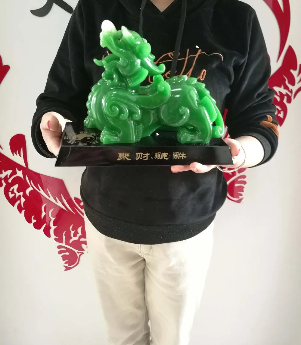 A PAIR - TOP COOL HOME SHOP FENG SHUI Talisman Money Drawing Good luck dragon PI XIU green crystal Sculpture ART statue # 24CM