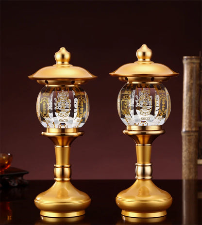A PAIR high grade Buddhism HOME Temple shrine enshrine worship good luck God of wealth CAI SHEN crystal buddha lamp 28CM large