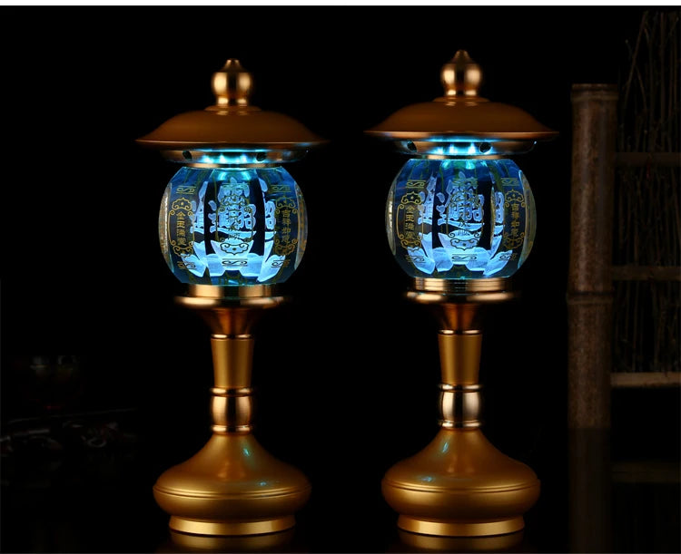 A PAIR high grade Buddhism HOME Temple shrine enshrine worship good luck God of wealth CAI SHEN crystal buddha lamp 28CM large