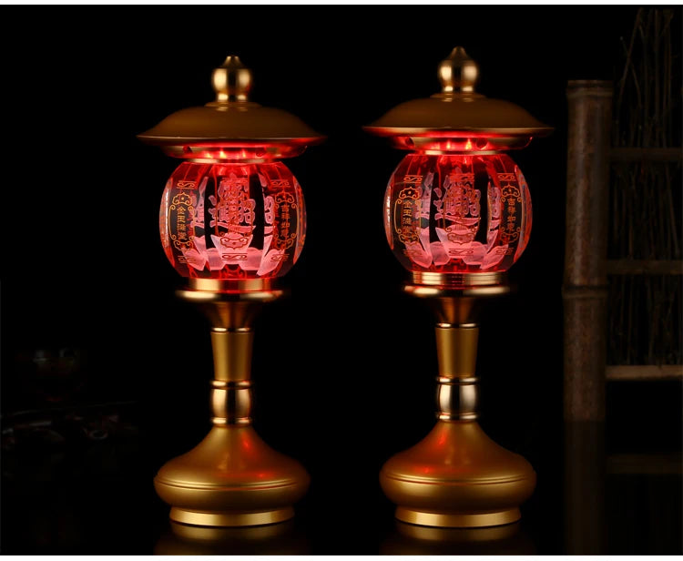 A PAIR high grade Buddhism HOME Temple shrine enshrine worship good luck God of wealth CAI SHEN crystal buddha lamp 28CM large
