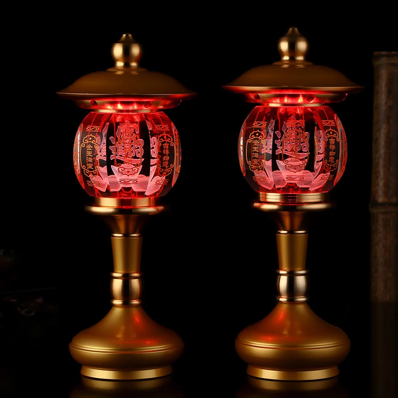 A PAIR high grade Buddhism HOME Temple shrine enshrine worship good luck God of wealth CAI SHEN crystal buddha lamp 28CM large