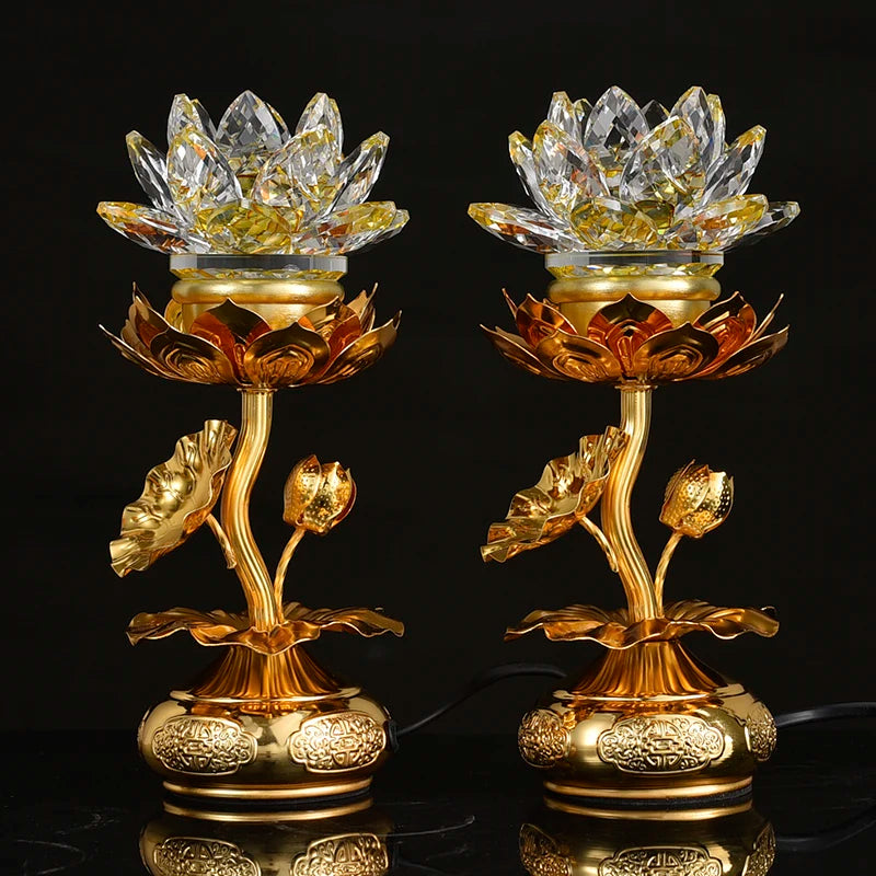A Pair 2P Asia Buddhism supply HOME SHOP temple altar worship Guan yin buddha lotus flower 7 colour crystal Plug-in buddha lamp