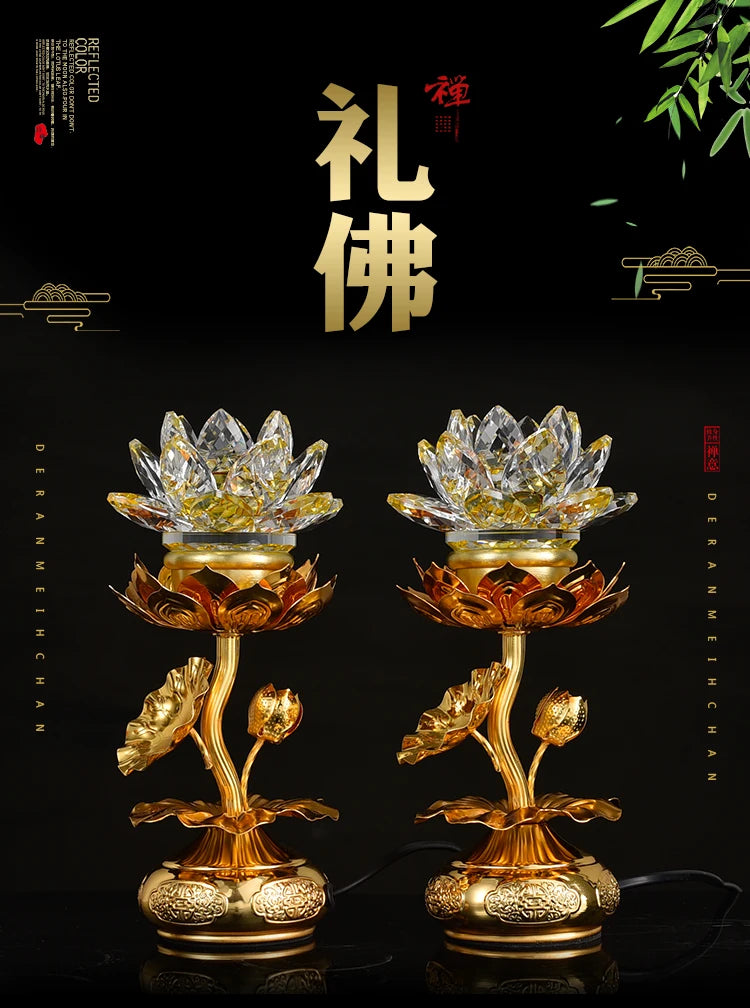 A Pair 2P Asia Buddhism supply HOME SHOP temple altar worship Guan yin buddha lotus flower 7 colour crystal Plug-in buddha lamp