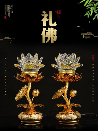 A Pair 2P Asia Buddhism supply HOME SHOP temple altar worship Guan yin buddha lotus flower 7 colour crystal Plug-in buddha lamp