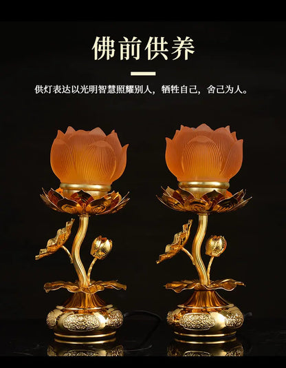 A Pair 2P Buddhism supply HOME SHOP temple altar Buddhist worship Guan yin lotus flower 7 colour crystal Plug-in buddha lamp