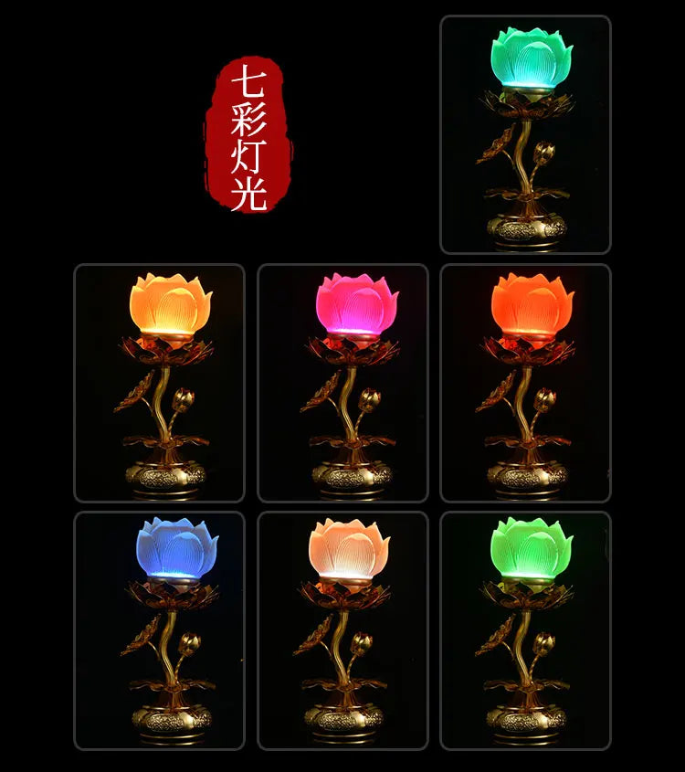 A Pair 2P Buddhism supply HOME SHOP temple altar Buddhist worship Guan yin lotus flower 7 colour crystal Plug-in buddha lamp