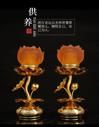 A Pair 2P Buddhism supply HOME SHOP temple altar Buddhist worship Guan yin lotus flower 7 colour crystal Plug-in buddha lamp