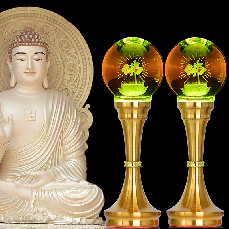 A Pair 2P # Wholesale Buddhism supply HOME SHOP temple altar Buddhist worship 7 colour crystal Plug-in buddha Light  20cm tall