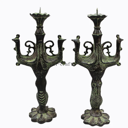 A Pair Asia Collectible Antique Decorated Old Handwork Bronze Animal Statue Carved Peacock Candlestick