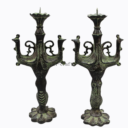 A Pair Asia Collectible Antique Decorated Old Handwork Bronze Animal Statue Carved Peacock Candlestick