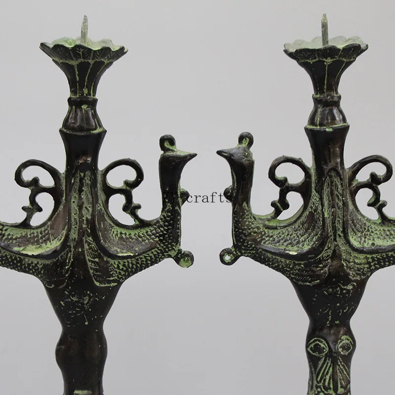 A Pair Asia Collectible Antique Decorated Old Handwork Bronze Animal Statue Carved Peacock Candlestick