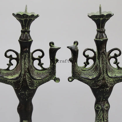 A Pair Asia Collectible Antique Decorated Old Handwork Bronze Animal Statue Carved Peacock Candlestick