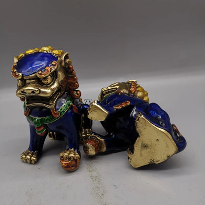 A Pair Chinese Antique Guardian Lion Foo Fu Dog Door guard Brass Statue Fengshui ornament