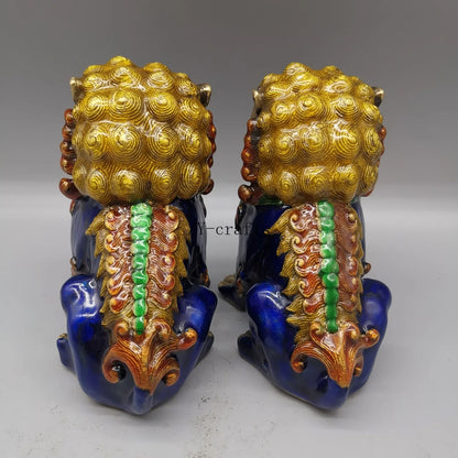 A Pair Chinese Antique Guardian Lion Foo Fu Dog Door guard Brass Statue Fengshui ornament