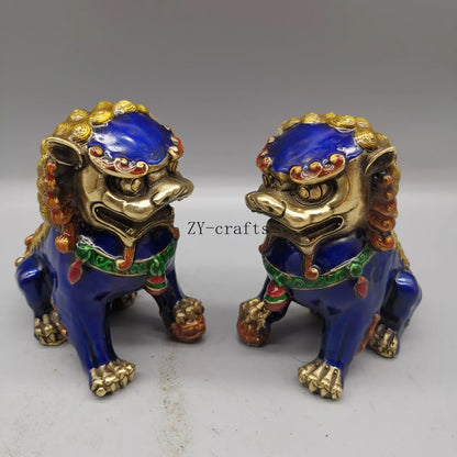 A Pair Chinese Antique Guardian Lion Foo Fu Dog Door guard Brass Statue Fengshui ornament