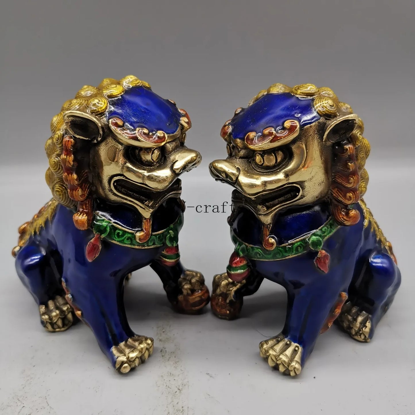 A Pair Chinese Antique Guardian Lion Foo Fu Dog Door guard Brass Statue Fengshui ornament