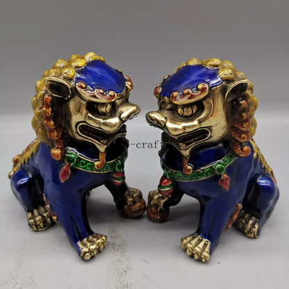 A Pair Chinese Antique Guardian Lion Foo Fu Dog Door guard Brass Statue Fengshui ornament