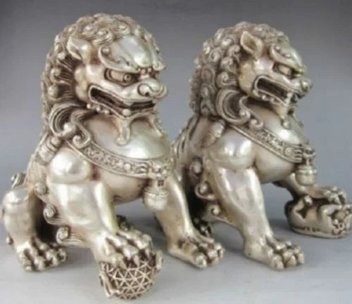 A Pair Chinese Antique Silver Guardian Lion Foo Fu Dog Door guard Statue