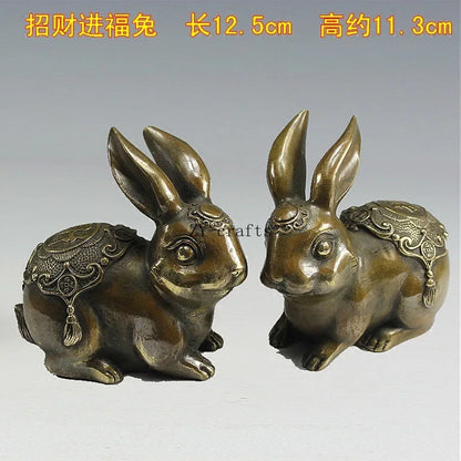 A Pair Chinese Copper Carving Zodiac Rabbit Brass Statue Fengshui Crafts Ornaments
