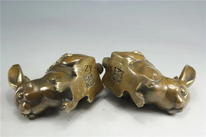 A Pair Chinese Copper Carving Zodiac Rabbit Brass Statue Fengshui Crafts Ornaments