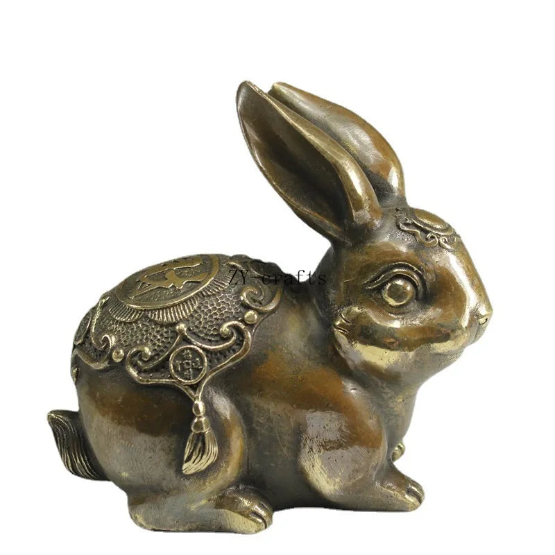 A Pair Chinese Copper Carving Zodiac Rabbit Brass Statue Fengshui Crafts Ornaments