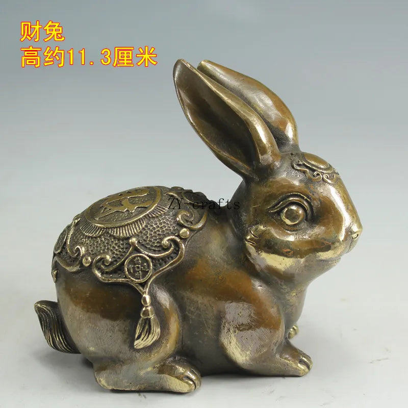 A Pair Chinese Copper Carving Zodiac Rabbit Brass Statue Fengshui Crafts Ornaments