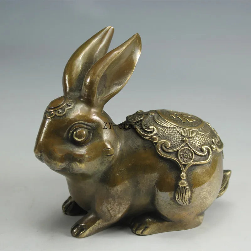 A Pair Chinese Copper Carving Zodiac Rabbit Brass Statue Fengshui Crafts Ornaments