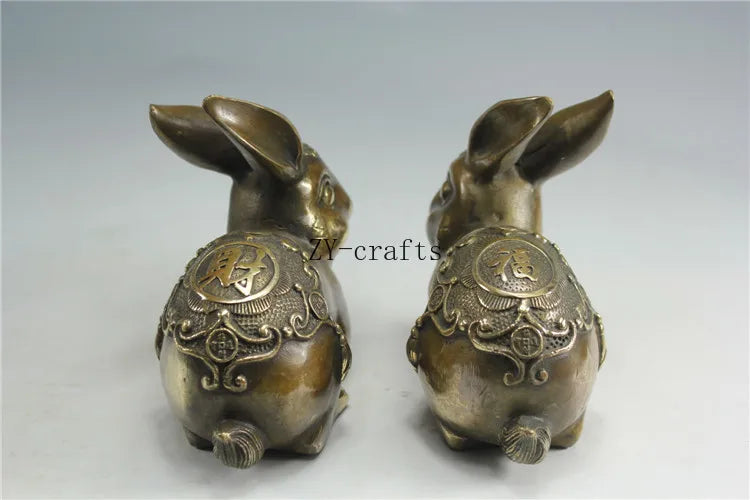 A Pair Chinese Copper Carving Zodiac Rabbit Brass Statue Fengshui Crafts Ornaments
