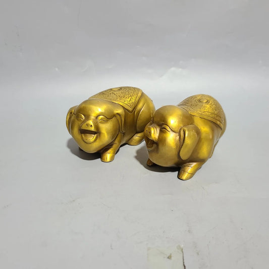 A Pair Chinses Brass Animal Pig Crafts Statue