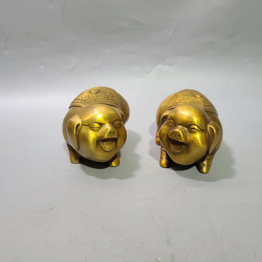 A Pair Chinses Brass Animal Pig Crafts Statue