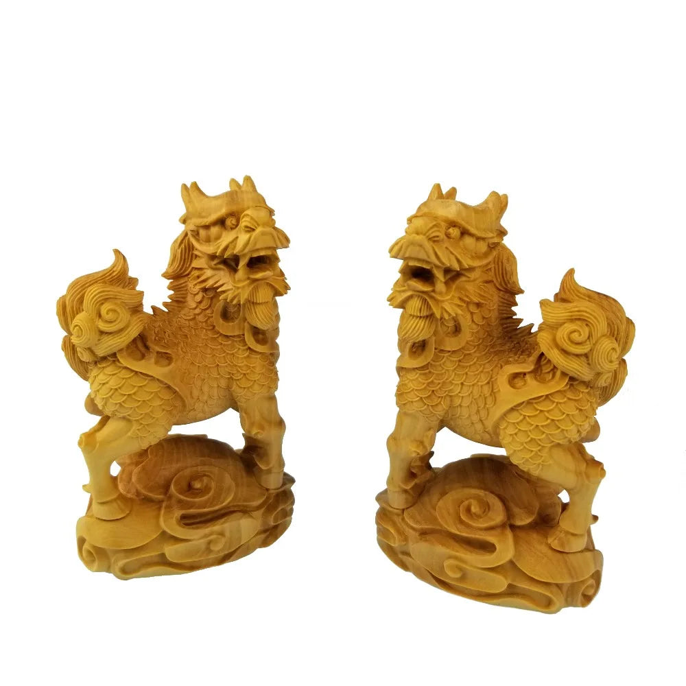 A Pair Of Chinese Unicorn Lion And Sinus Wood Carving Dragon Mascot Wooden Sculpture Furniture Decoration