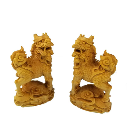 A Pair Of Chinese Unicorn Lion And Sinus Wood Carving Dragon Mascot Wooden Sculpture Furniture Decoration