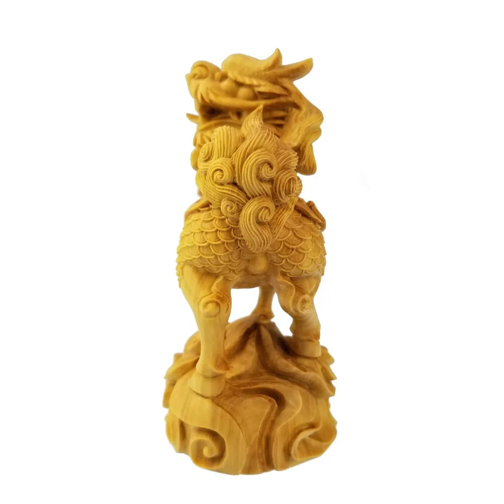 A Pair Of Chinese Unicorn Lion And Sinus Wood Carving Dragon Mascot Wooden Sculpture Furniture Decoration