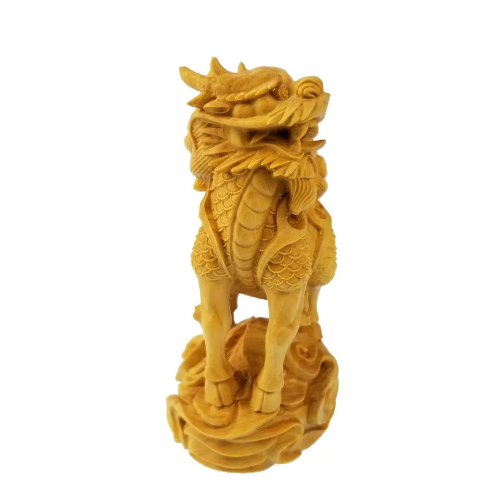A Pair Of Chinese Unicorn Lion And Sinus Wood Carving Dragon Mascot Wooden Sculpture Furniture Decoration