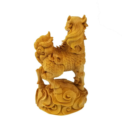 A Pair Of Chinese Unicorn Lion And Sinus Wood Carving Dragon Mascot Wooden Sculpture Furniture Decoration