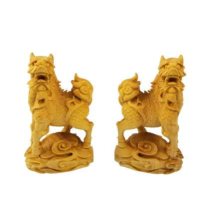 A Pair Of Chinese Unicorn Lion And Sinus Wood Carving Dragon Mascot Wooden Sculpture Furniture Decoration